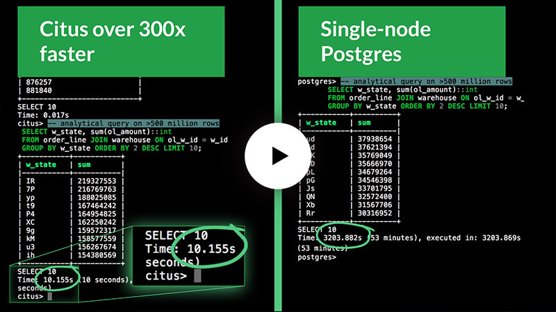 YouTube video still: High performance PostgreSQL with Postgres & Hyperscale (Citus)